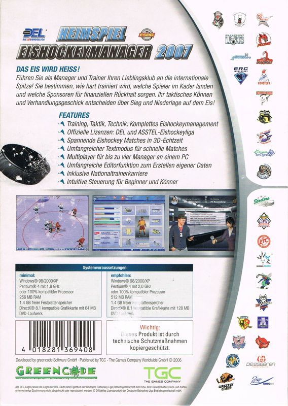 Back Cover for Heimspiel: Eishockeymanager 2007 (Windows)
