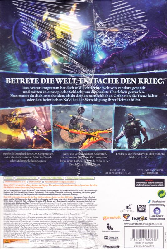 Back Cover for James Cameron's Avatar: The Game (Collector Edition) (Xbox 360)