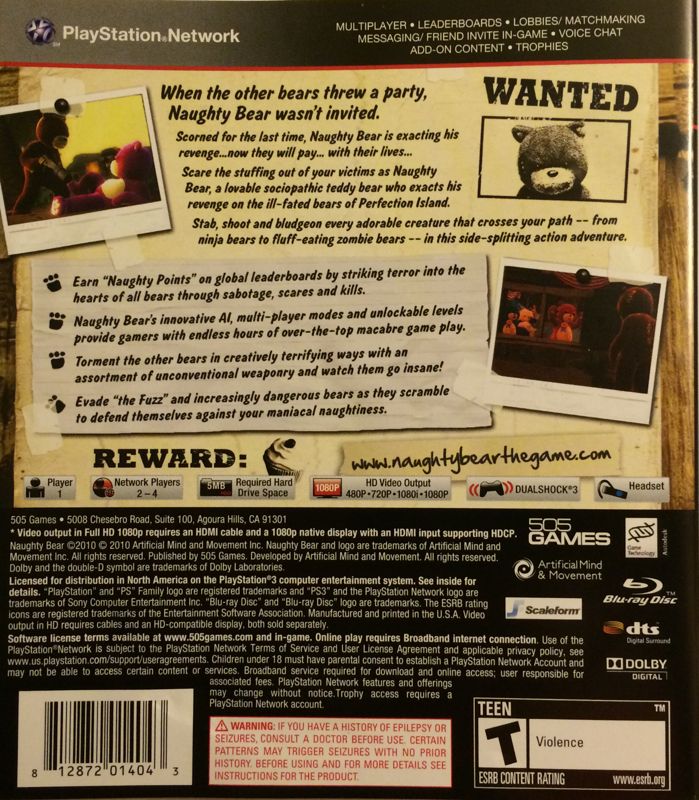 Back Cover for Naughty Bear (PlayStation 3)