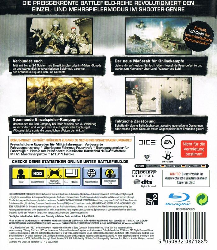 Back Cover for Battlefield: Bad Company 2 (Limited Edition) (PlayStation 3)