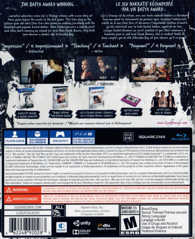 Back Cover for Life Is Strange: Before the Storm - Deluxe Edition (PlayStation 4)