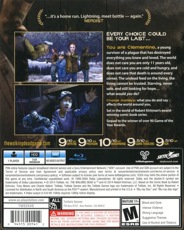 Back Cover for The Walking Dead: Season Two (PlayStation 4)