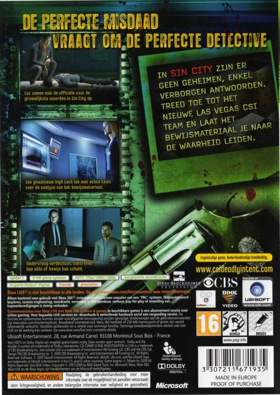 Back Cover for CSI: Crime Scene Investigation - Deadly Intent (Xbox 360)
