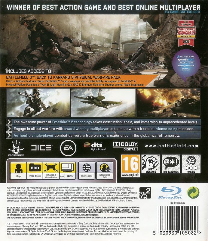 Back Cover for Battlefield 3: Limited Edition - Physical Warfare Pack (PlayStation 3)