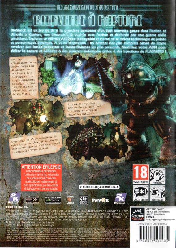 Back Cover for BioShock (Windows) (Just For Gamers release)