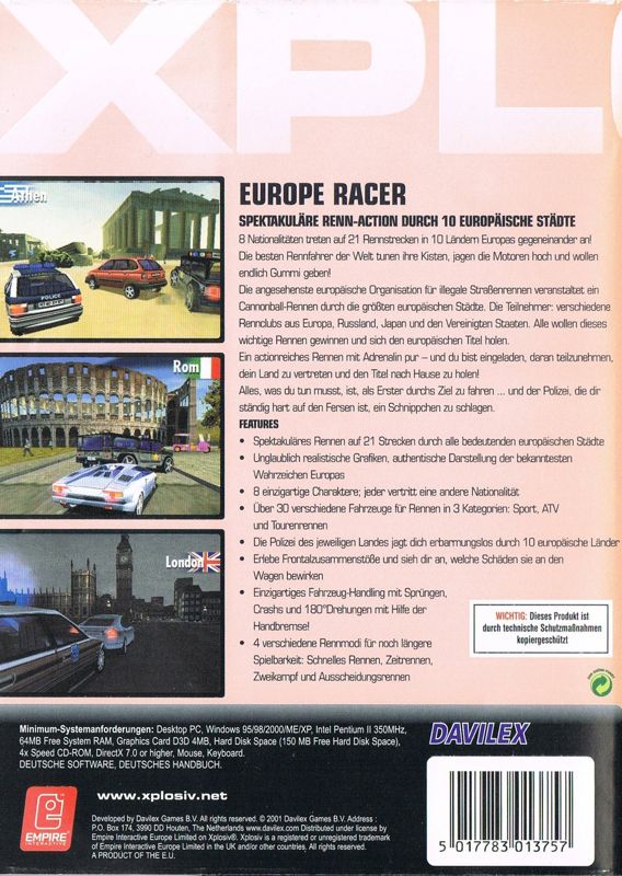 Back Cover for Europe Racing (Windows) (Xplosiv release)
