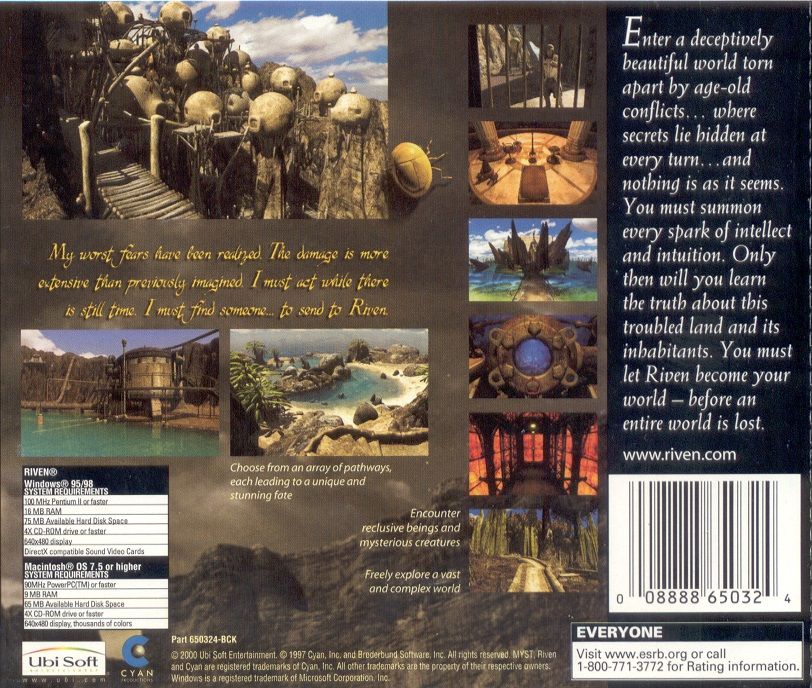 Back Cover for Riven: The Sequel to Myst (Macintosh and Windows) (Ubi Soft CD-ROM release (2000))