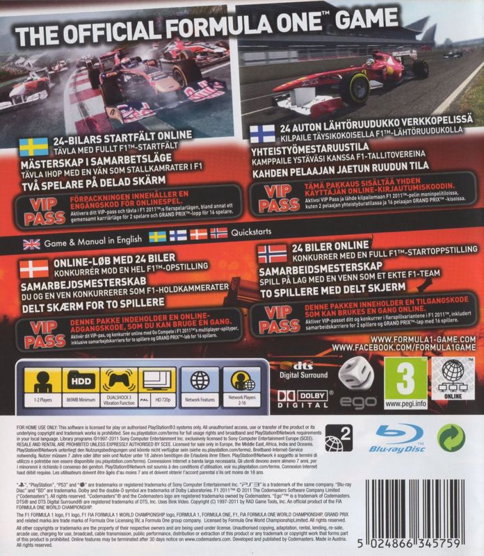 Back Cover for F1 2011 (PlayStation 3) (Nordic Edition)