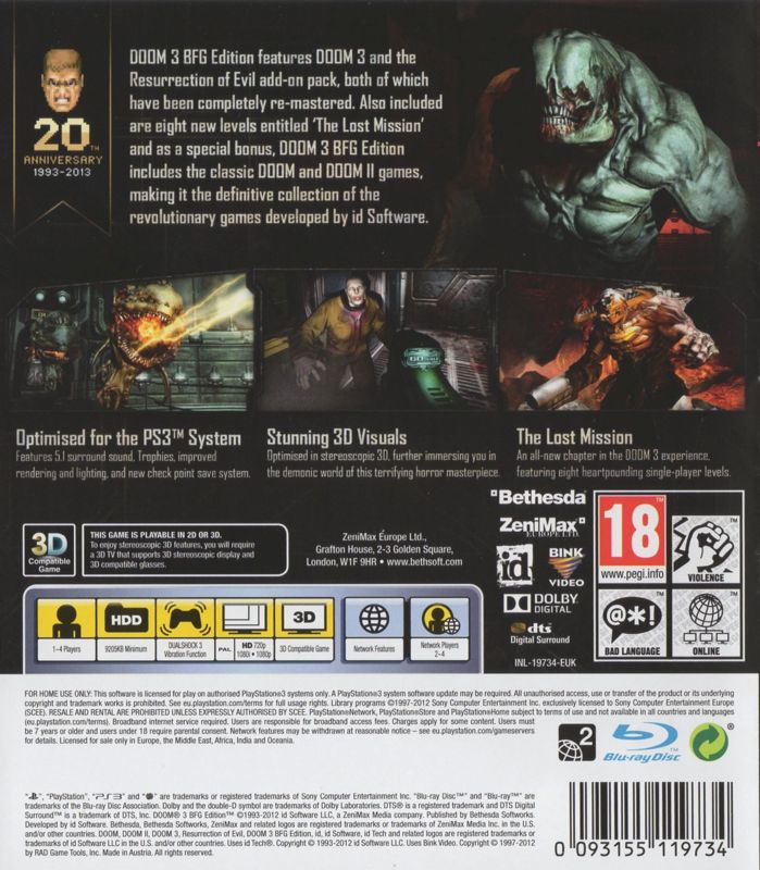 Back Cover for Doom³: BFG Edition (PlayStation 3) (European English release)