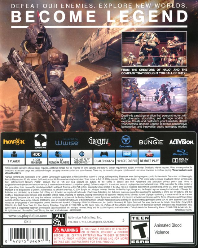 Back Cover for Destiny (PlayStation 4)
