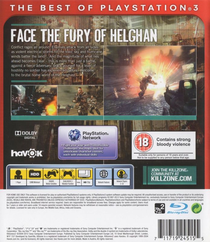 Back Cover for Killzone 2 (PlayStation 3) (Essentials release)