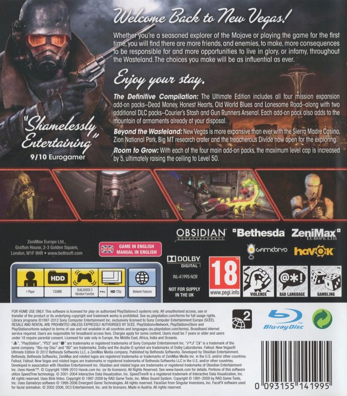Back Cover for Fallout: New Vegas - Ultimate Edition (PlayStation 3)