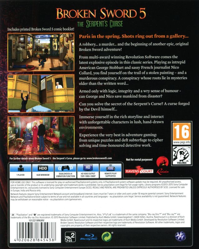 Back Cover for Broken Sword 5: The Serpent's Curse (PlayStation 4)