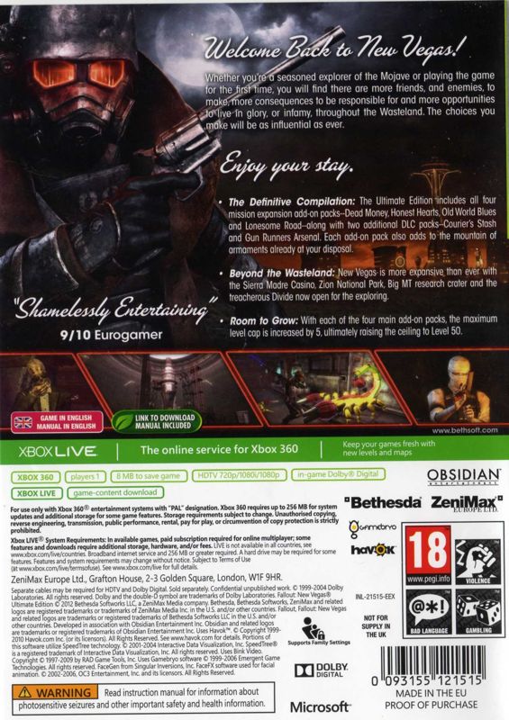 Back Cover for Fallout: New Vegas - Ultimate Edition (Xbox 360) (Classics release)