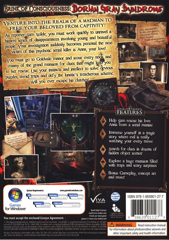 Back Cover for Brink of Consciousness: Dorian Gray Syndrome (Collector's Edition) (Windows)