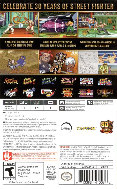 Back Cover for Street Fighter: 30th Anniversary Collection (Nintendo Switch)