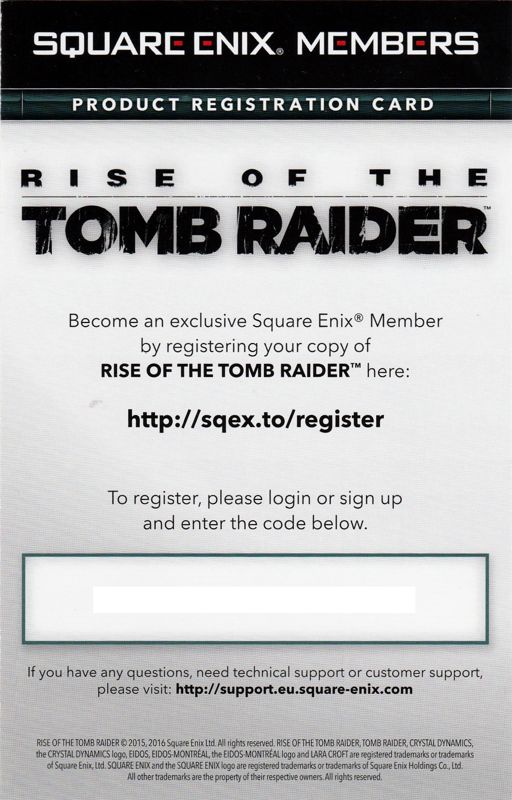 Extras for Rise of the Tomb Raider (Collector's Edition) (Windows): Square Enix Registration Flyer - Back