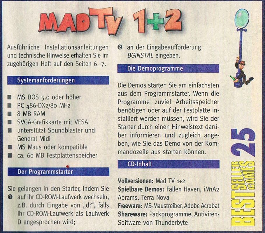 Back Cover for Mad TV 1 + 2 (DOS) (Bestseller Games #25 covermount)