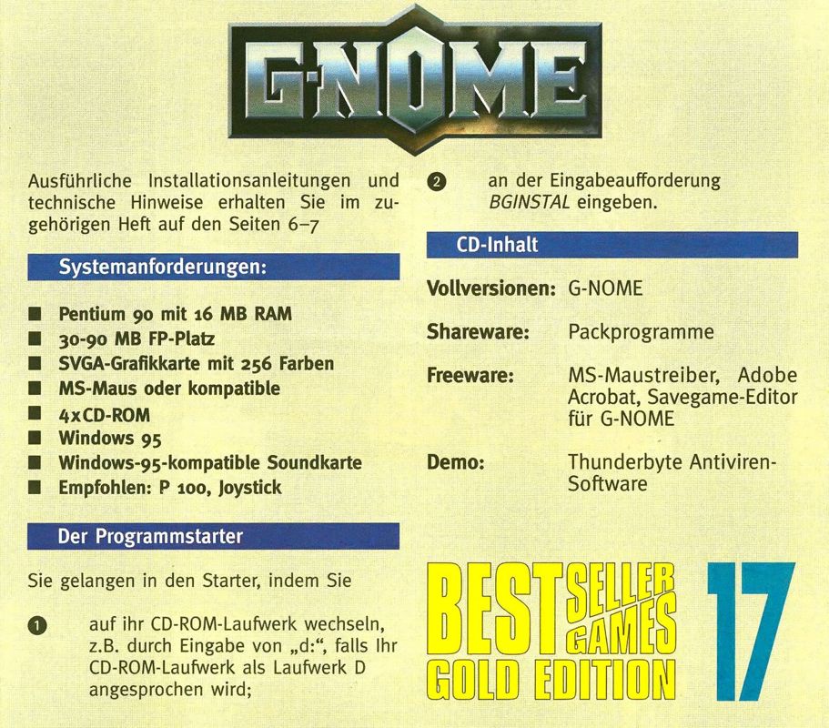 Back Cover for G-Nome (Windows) (Covermount BestSeller Games Gold Edition #17)