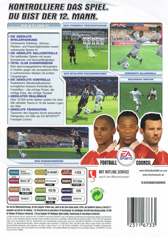 Back Cover for FIFA Soccer 2003 (Windows) (Tandem Verlag release)