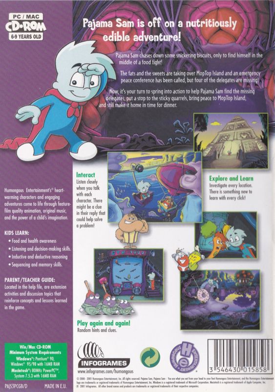 Back Cover for Pajama Sam 3: You Are What You Eat From Your Head To Your Feet (Macintosh and Windows)