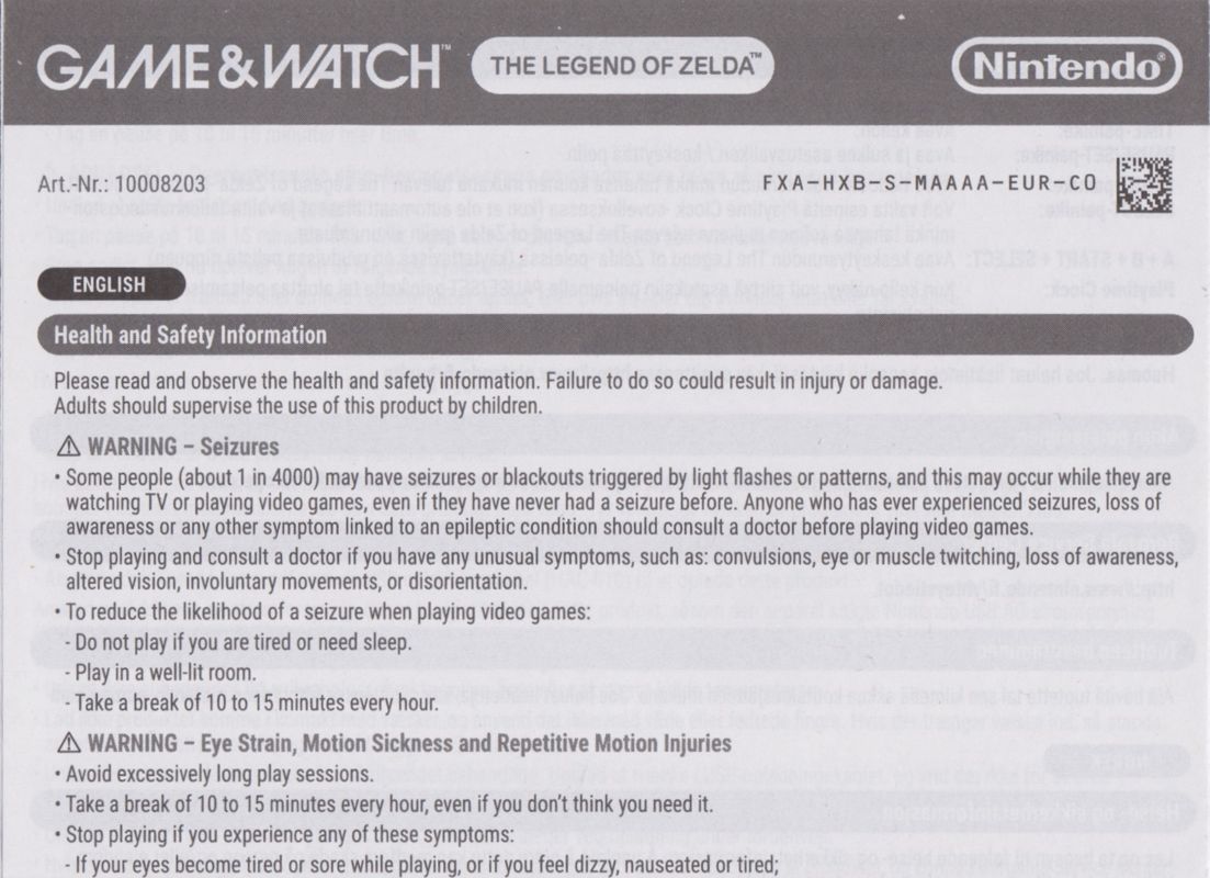 Manual for Game & Watch Color Screen: The Legend of Zelda (Dedicated handheld) (Box in Transparent Sleeve): 4-Way Folded - Front