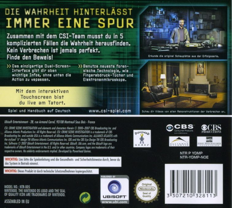 Back Cover for CSI: Crime Scene Investigation - Dark Motives (Nintendo DS)