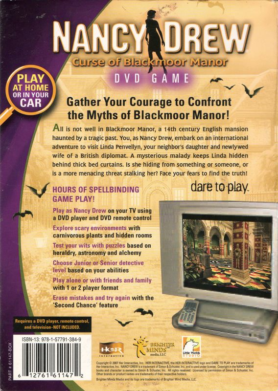 Back Cover for Nancy Drew: Curse of Blackmoor Manor (DVD Player)