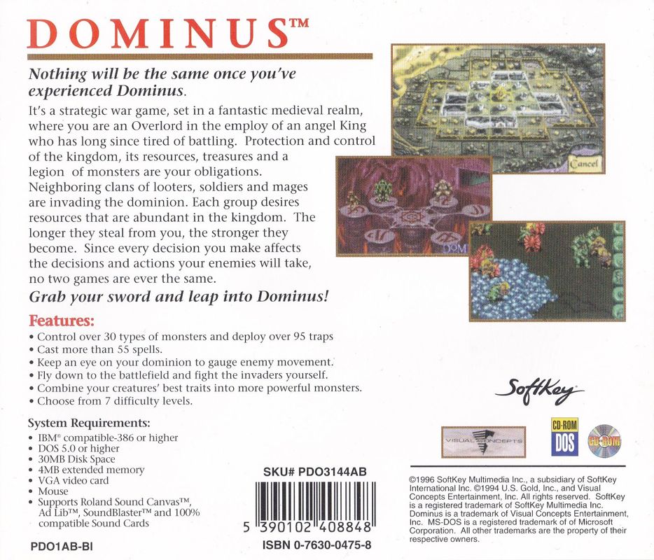 Back Cover for Dominus (DOS) (SoftKey Platinum release)