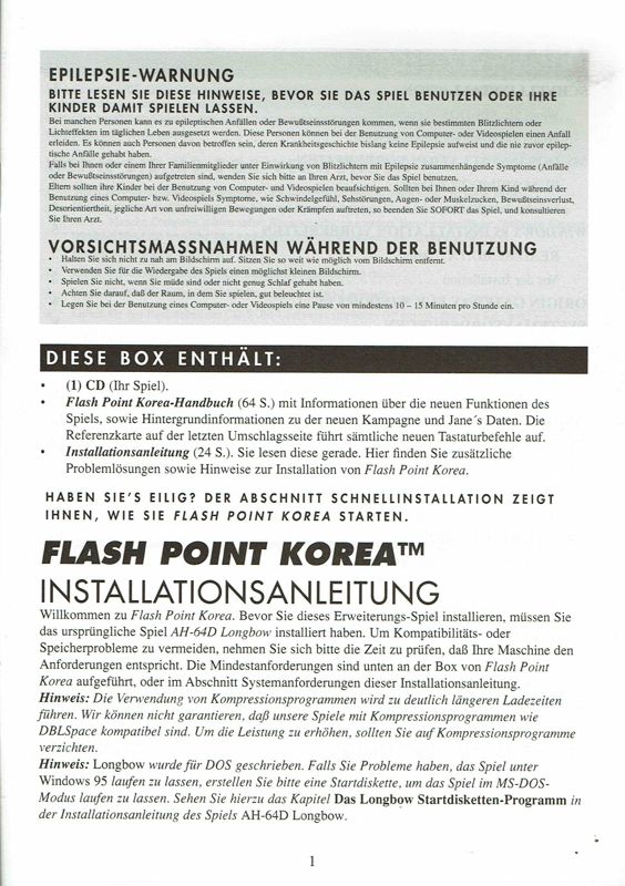 Extras for Jane's Combat Simulations: AH-64D Longbow - Flash Point Korea (DOS): Install Instructions - Front