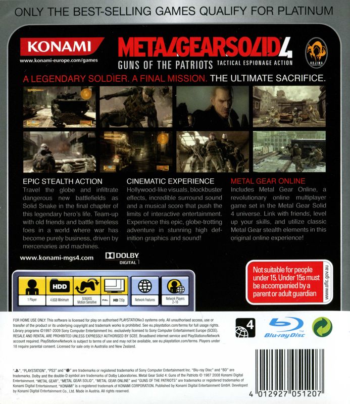 Back Cover for Metal Gear Solid 4: Guns of the Patriots (PlayStation 3) (Platinum release)