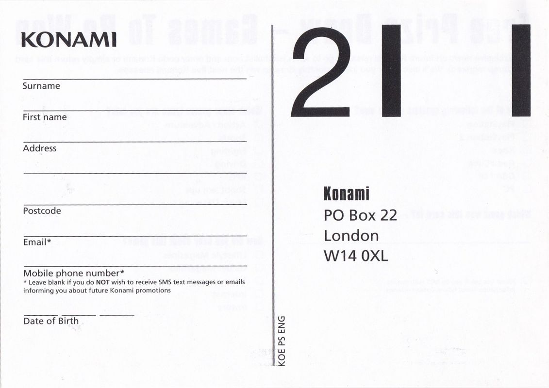 Extras for Zone of the Enders: The 2nd Runner - Special Edition (PlayStation 2): Konami Registration Card & prize Draw: Side 1