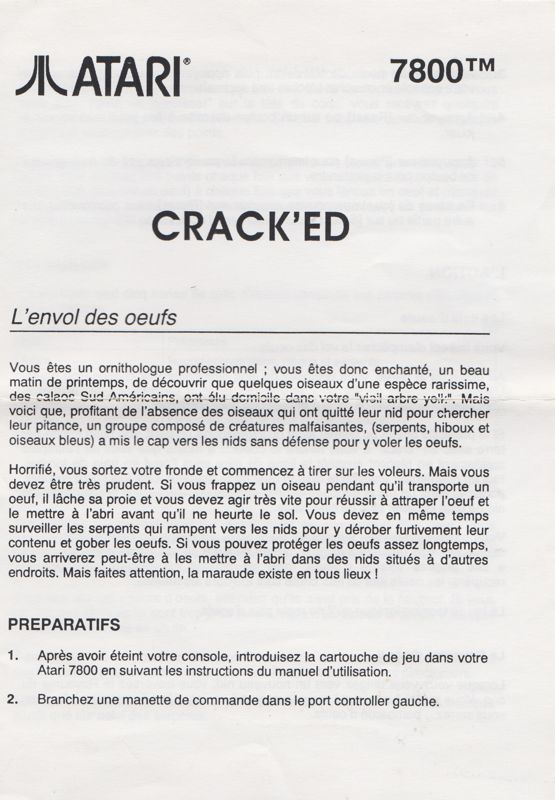 Manual for Crack'ed (Atari 7800): French - Front (2-folded)