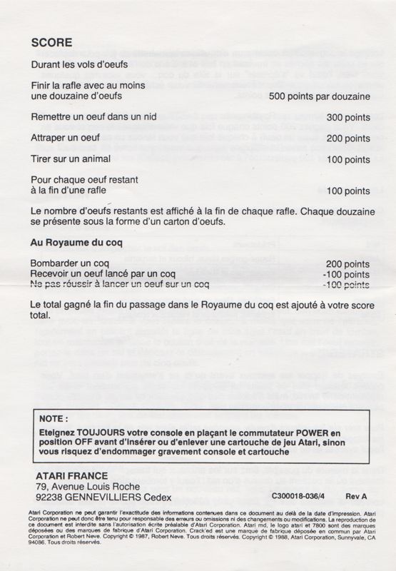 Manual for Crack'ed (Atari 7800): French - Back (2-folded)