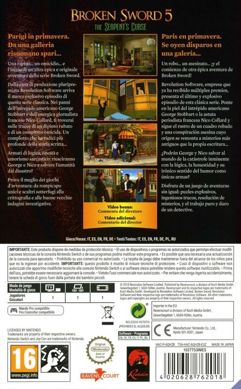 Back Cover for Broken Sword 5: The Serpent's Curse (Nintendo Switch)