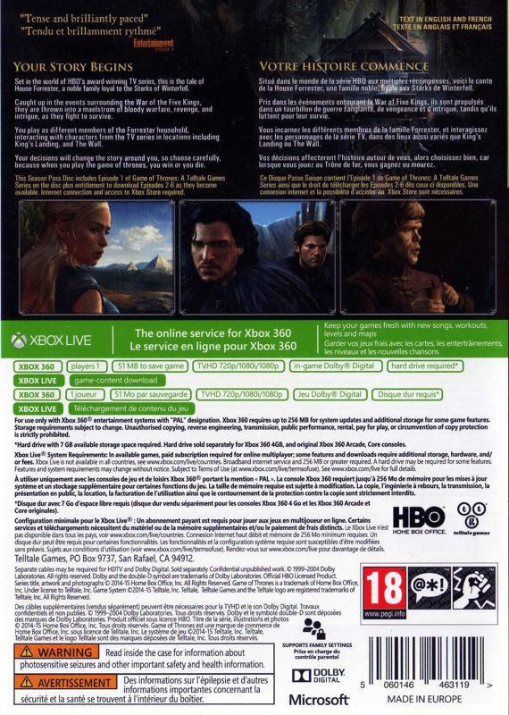 Back Cover for Game of Thrones (Xbox 360)