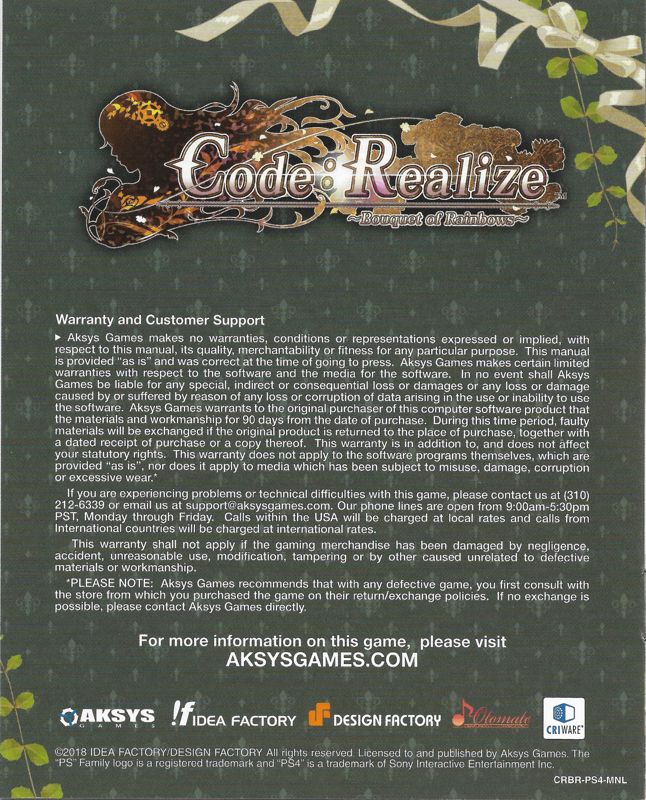 Manual for Code: Realize - Bouquet of Rainbows (PlayStation 4): Back
