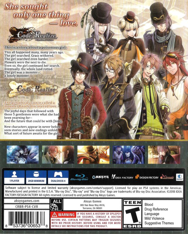 Back Cover for Code: Realize - Bouquet of Rainbows (PlayStation 4)