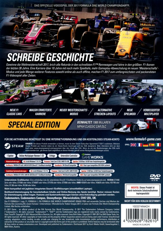 Other for F1 2017 (Special Edition) (Windows): Keep Case - Back