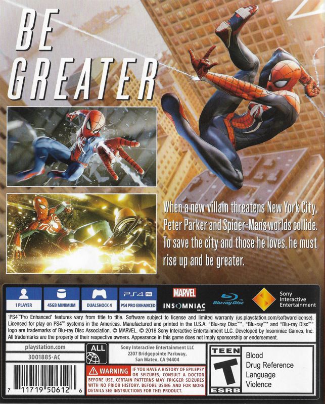 Back Cover for Marvel Spider-Man (PlayStation 4)