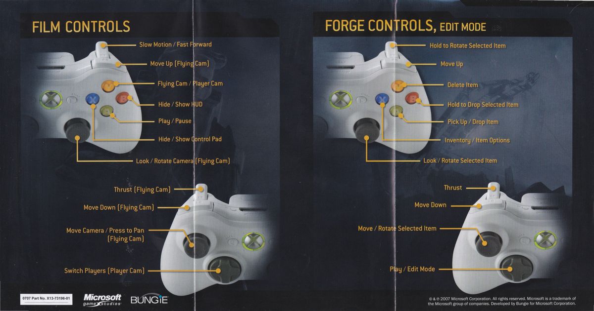 Extras for Halo 3 (Xbox 360) (Xbox 360 Classics release - Rated 15): The lower three panels of a six panel foldout showing the game's controls. On the reverse is a poster