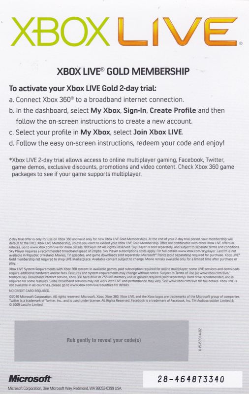 Extras for Halo: Reach (Xbox 360): Xbox Live Gold - 2 Day Membership: Side 2