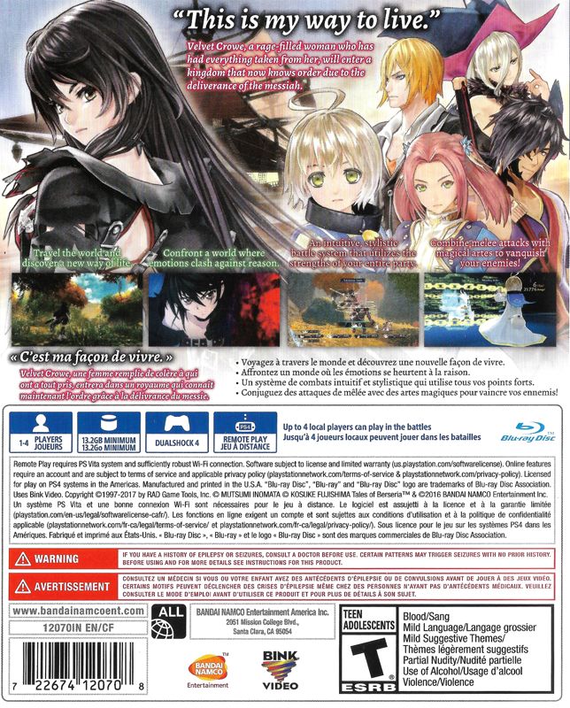 Back Cover for Tales of Berseria (PlayStation 4)