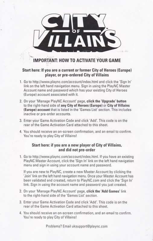 Other for City of Villains (Collector's Edition) (Windows): Game Activation Instructions - Side 2