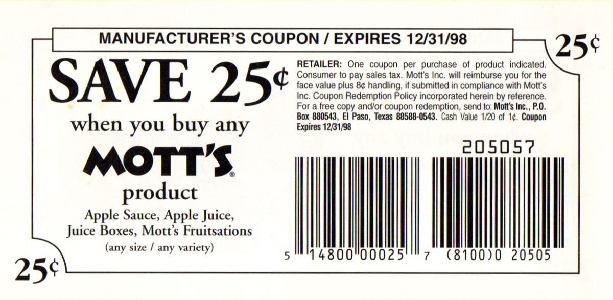 Extras for Mott's Presents The Prince and the Prankster: The Quest for the Magical Seeds (Windows 16-bit): Promotional coupon backside
