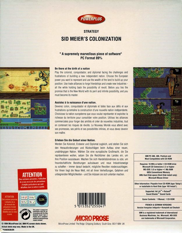 Back Cover for Sid Meier's Colonization (DOS) (Powerplus release (French Edition))