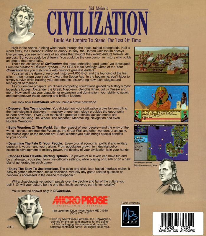 Back Cover for Sid Meier's Civilization (Windows 16-bit)