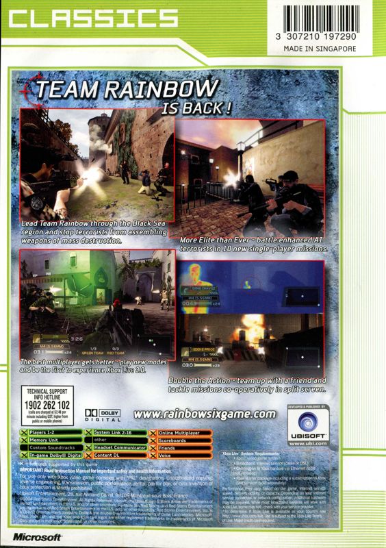 Back Cover for Tom Clancy's Rainbow Six 3: Black Arrow (Xbox) (Classics release)