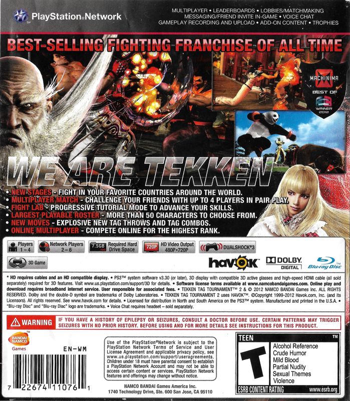 Back Cover for Tekken Tag Tournament 2 (PlayStation 3) (Walmart release)