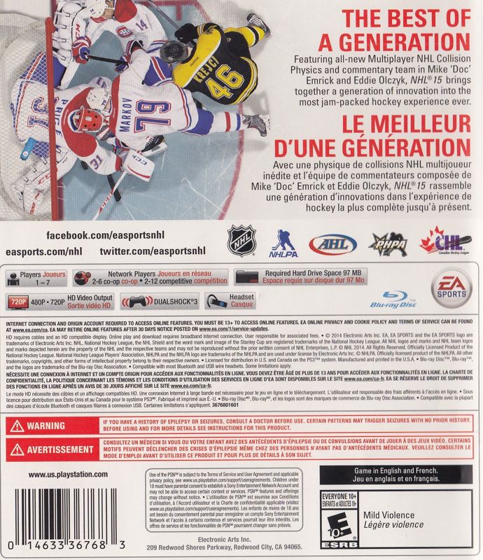 Back Cover for NHL 15 (PlayStation 3)